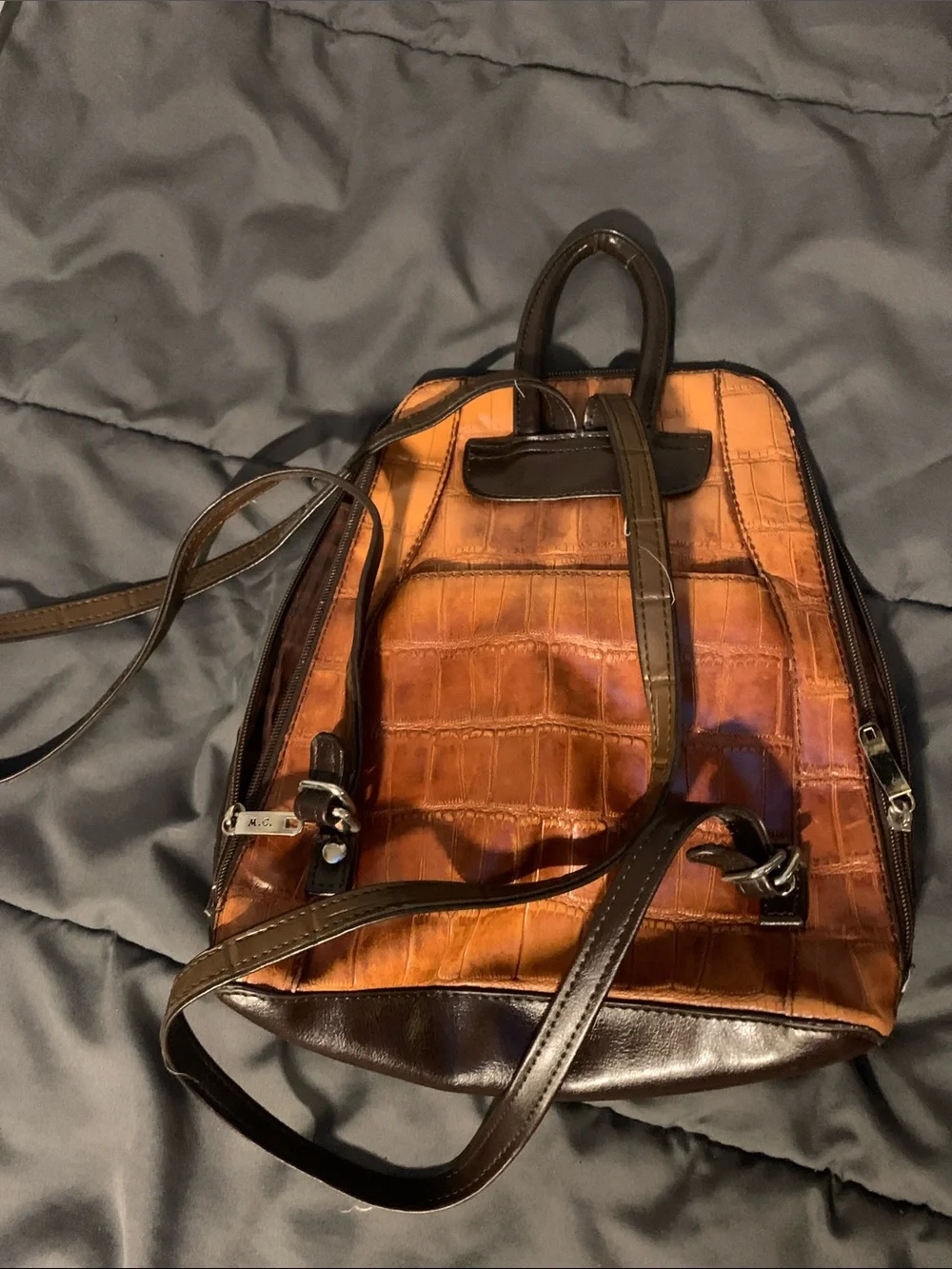 Brown Croc-Embossed Leather Backpack with Decorative Silver Accent